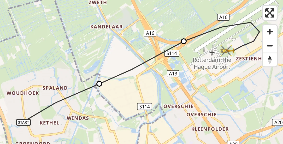 Vluchtroute Traumahelikopter Schiedam - Rotterdam The Hague Airport, 02 februari 2023, 16:07