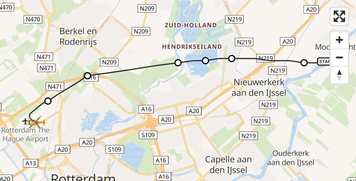 Vluchtroute Traumahelikopter Moordrecht - Rotterdam The Hague Airport, 02 februari 2023, 18:10
