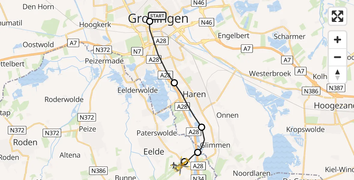 Vluchtroute Traumahelikopter Universitair Medisch Centrum Groningen - Groningen Airport Eelde, 02 februari 2023, 19:43