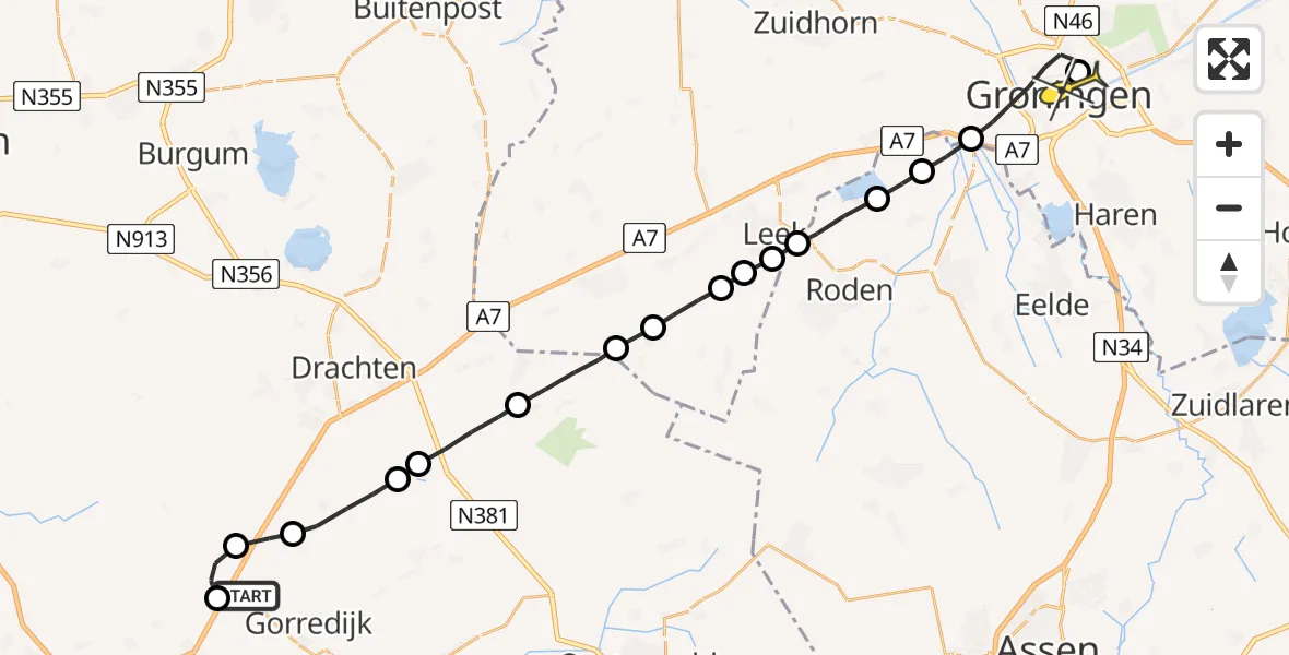 Routekaart van de vlucht: Lifeliner 4 naar Universitair Medisch Centrum Groningen