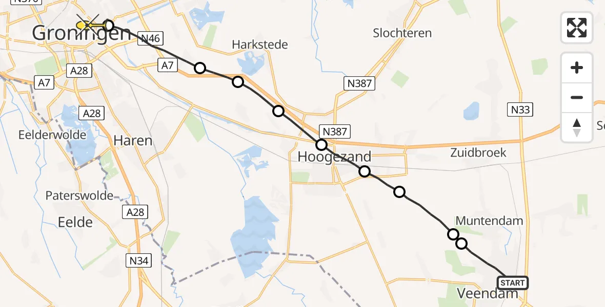 Routekaart van de vlucht: Lifeliner 4 naar Universitair Medisch Centrum Groningen