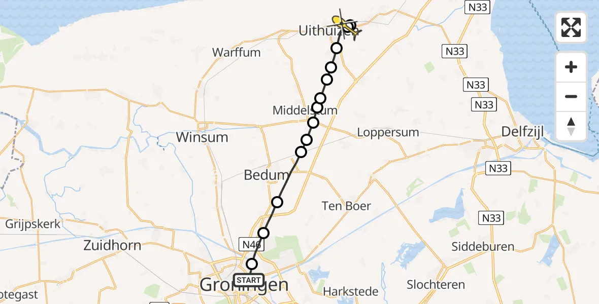 Routekaart van de vlucht: Lifeliner 4 naar Uithuizen