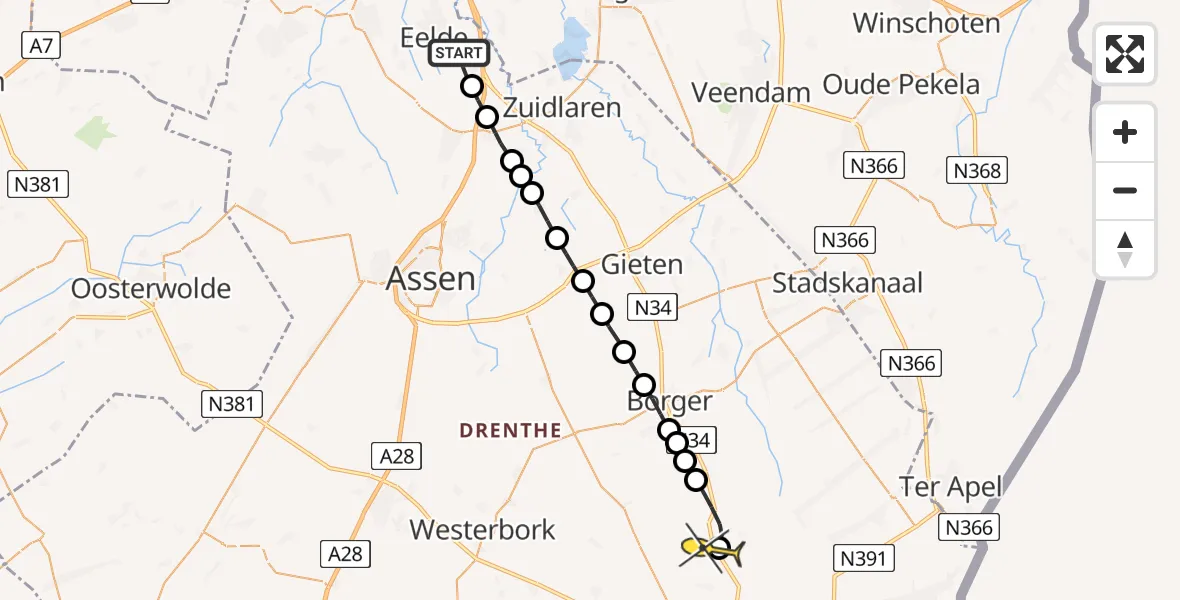Routekaart van de vlucht: Lifeliner 4 naar Odoornerveen