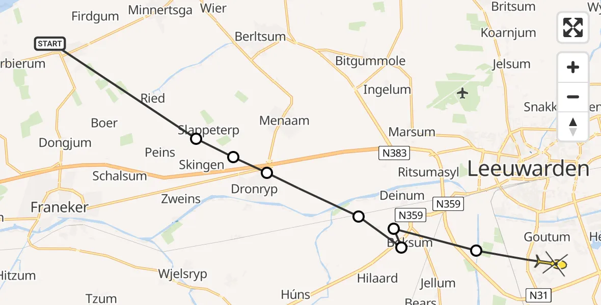 Routekaart van de vlucht: Ambulanceheli naar Leeuwarden