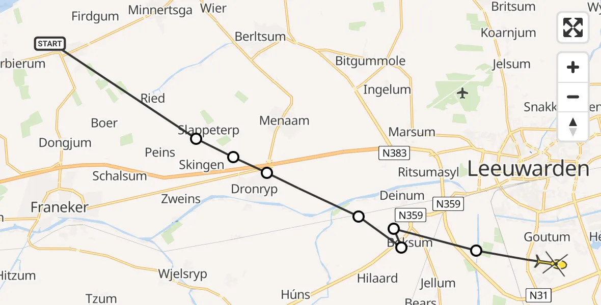 Routekaart van de vlucht: Ambulancehelikopter naar Leeuwarden