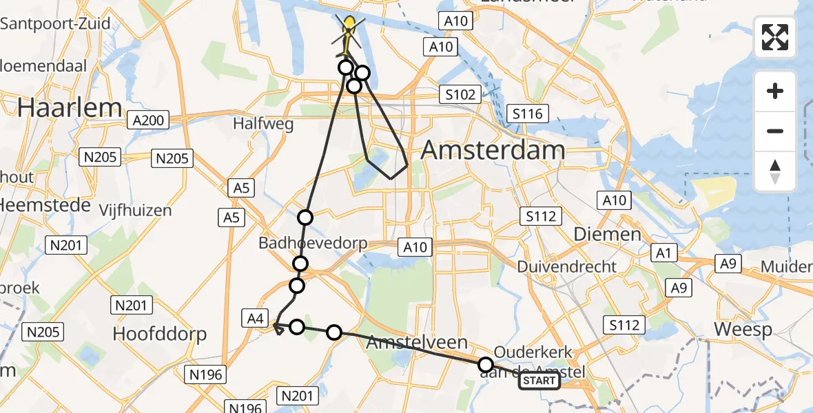 Routekaart van de vlucht: Lifeliner 1 naar Amsterdam Heliport