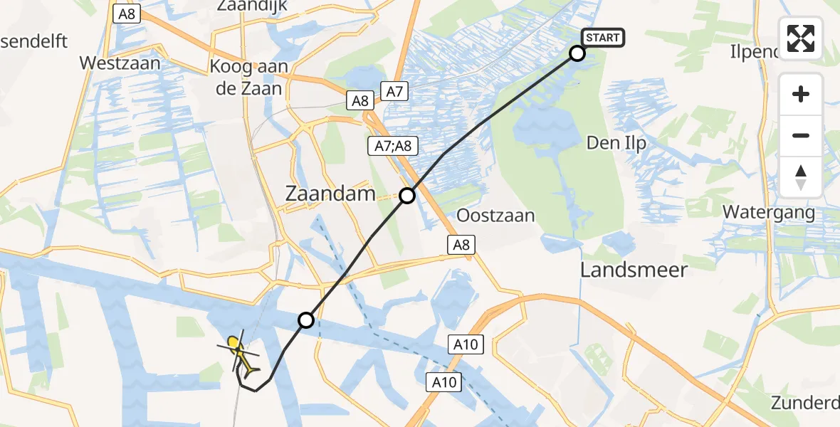 Routekaart van de vlucht: Lifeliner 1 naar Amsterdam Heliport