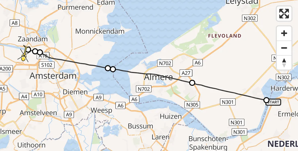 Routekaart van de vlucht: Lifeliner 1 naar Amsterdam Heliport