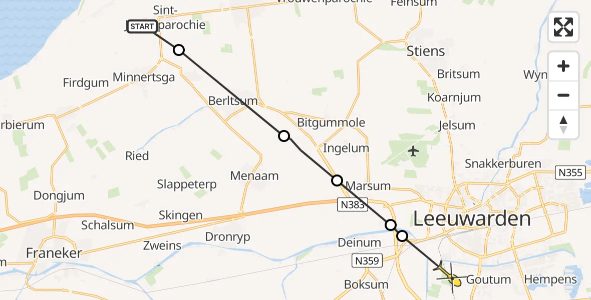 Routekaart van de vlucht: Ambulancehelikopter naar Leeuwarden