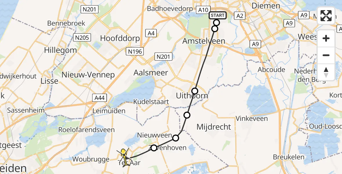 Routekaart van de vlucht: Lifeliner 1 naar Ter Aar