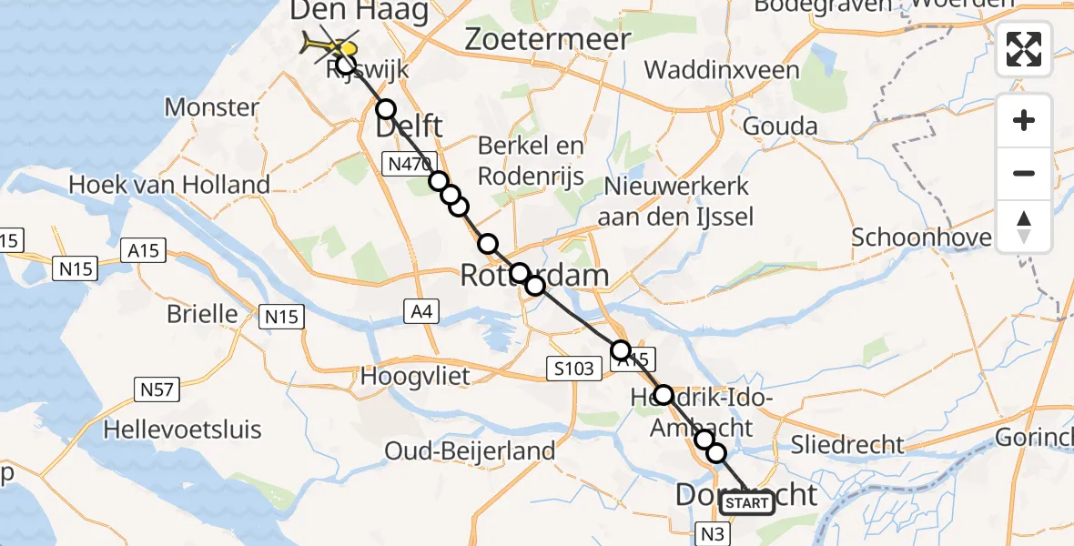 Routekaart van de vlucht: Lifeliner 2 naar Den Haag