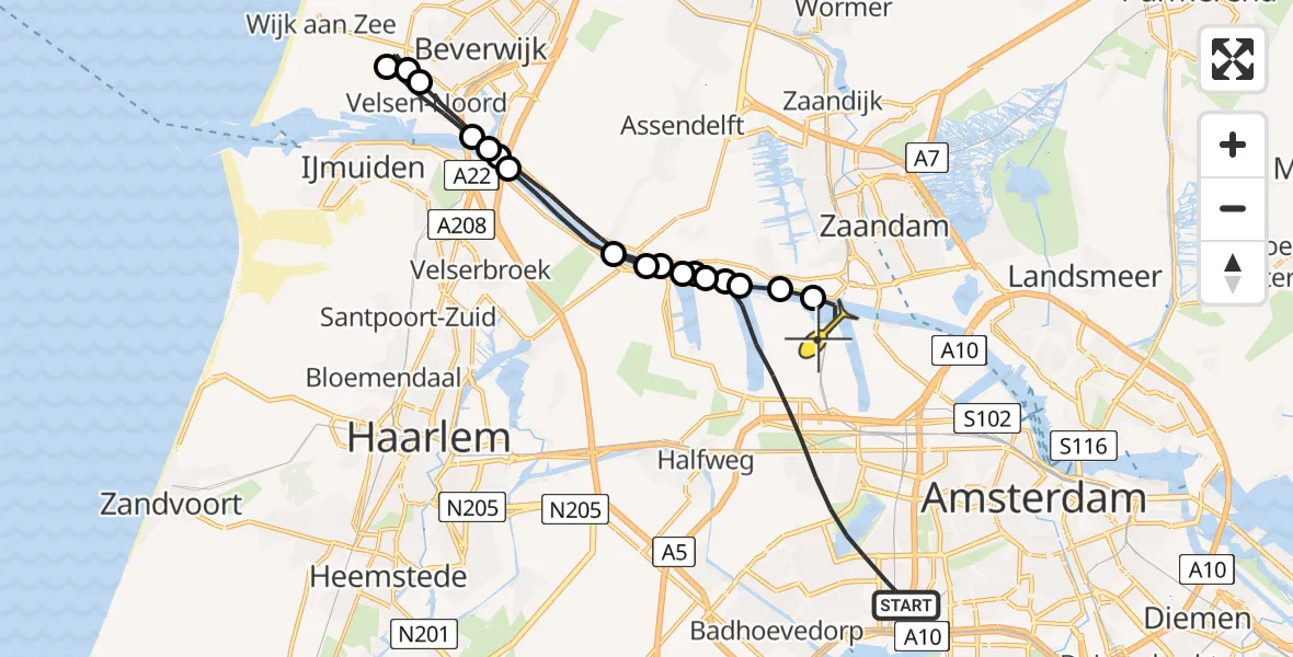 Routekaart van de vlucht: Lifeliner 1 naar Amsterdam Heliport