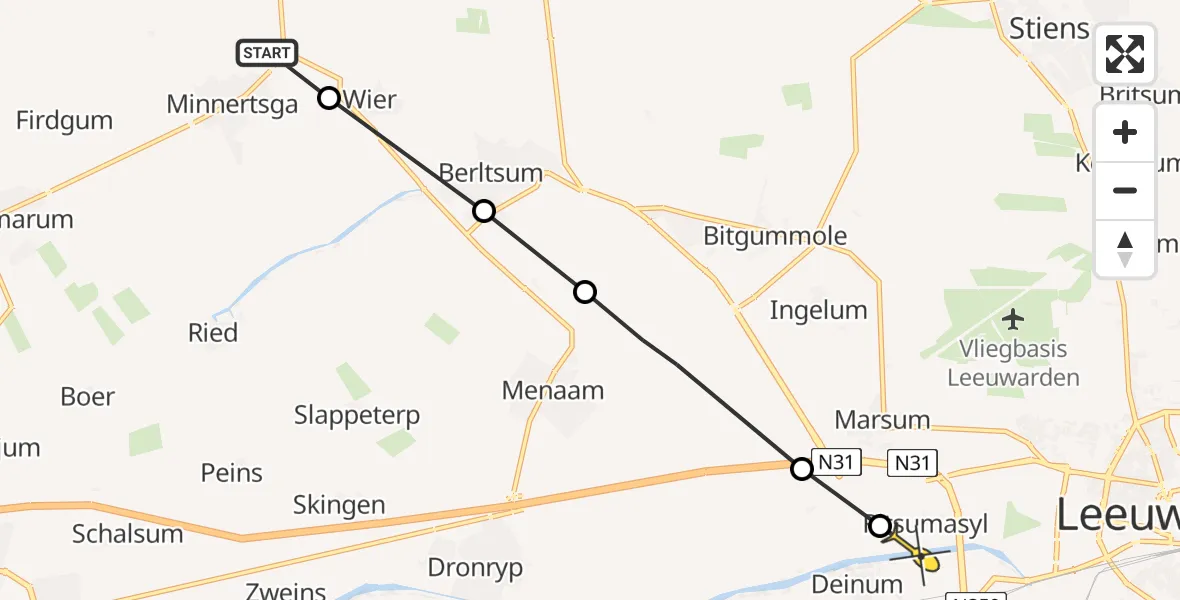 Routekaart van de vlucht: Ambulanceheli naar Deinum