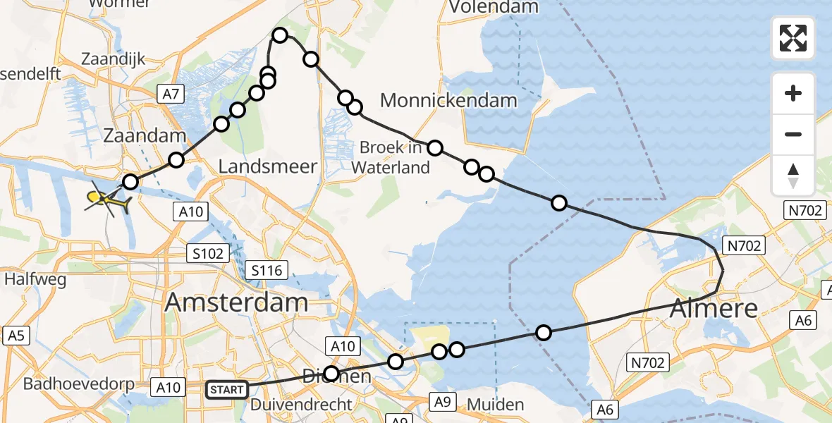 Routekaart van de vlucht: Lifeliner 1 naar Amsterdam Heliport