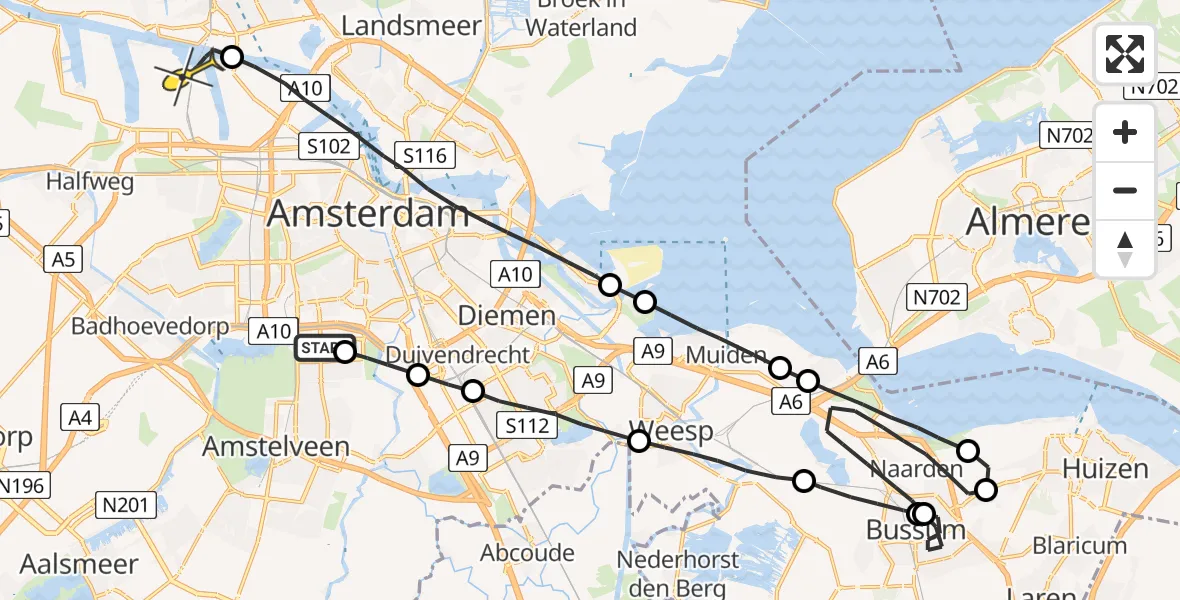 Routekaart van de vlucht: Lifeliner 1 naar Amsterdam Heliport