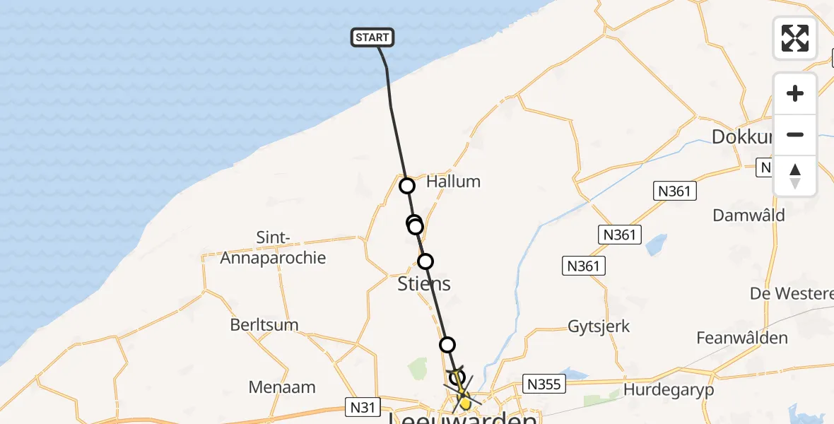 Routekaart van de vlucht: Ambulancehelikopter naar Leeuwarden