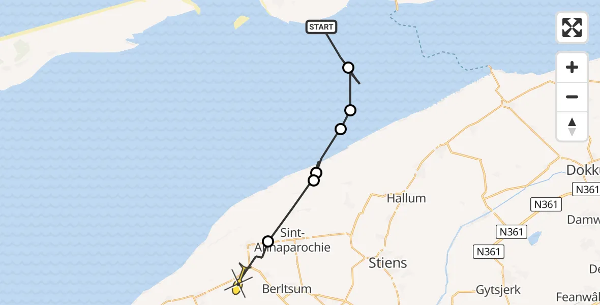 Routekaart van de vlucht: Ambulancehelikopter naar Minnertsga
