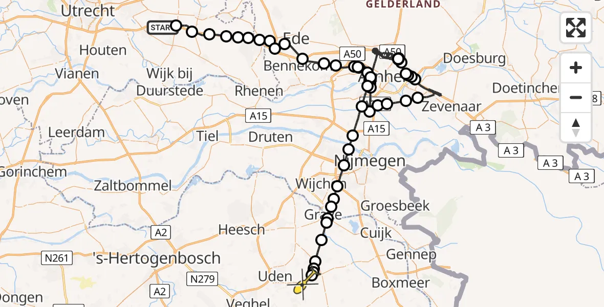 Routekaart van de vlucht: Politieheli naar Vliegbasis Volkel