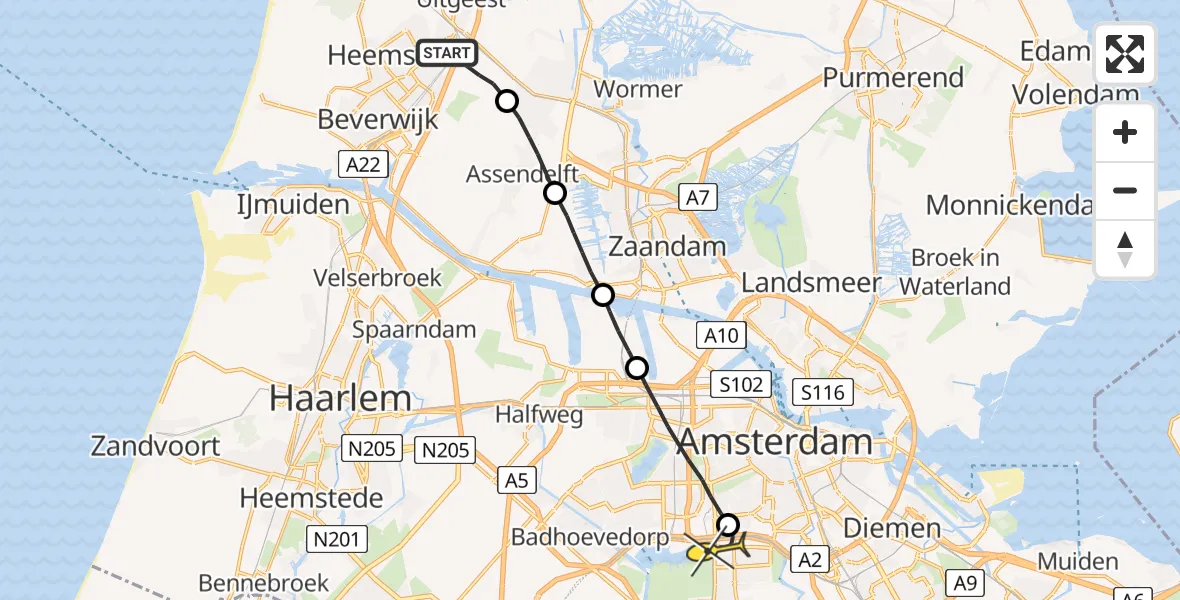 Routekaart van de vlucht: Lifeliner 1 naar VU Medisch Centrum Amsterdam