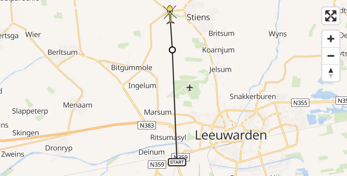 Routekaart van de vlucht: Ambulancehelikopter naar Stiens
