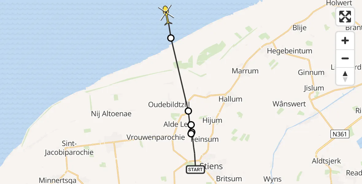 Routekaart van de vlucht: Ambulancehelikopter naar Marrum