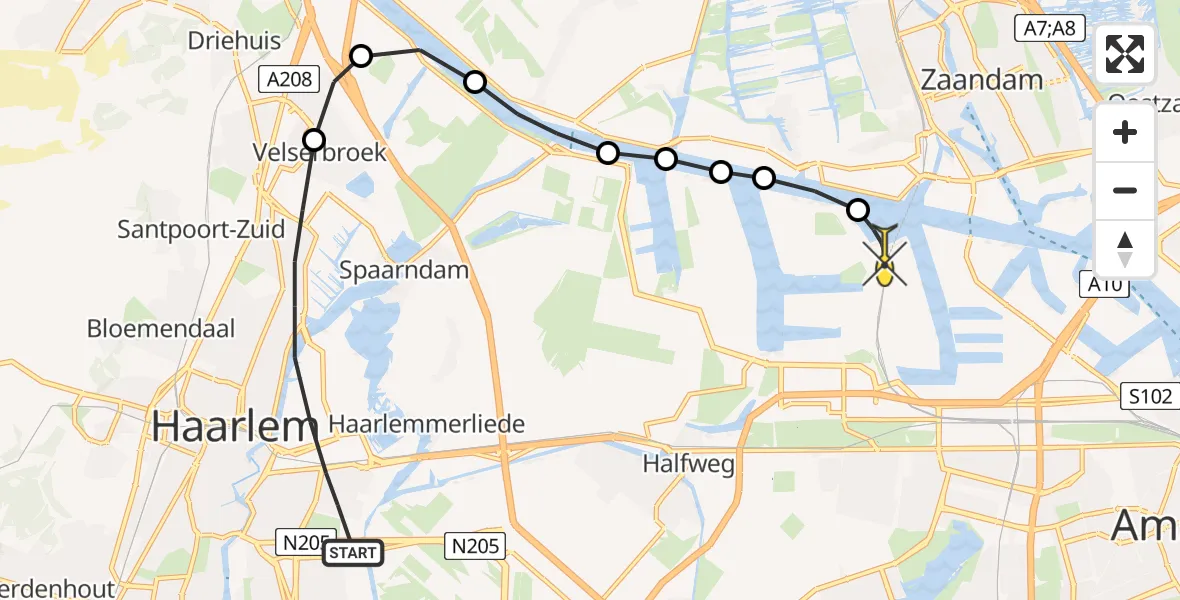 Routekaart van de vlucht: Lifeliner 1 naar Amsterdam Heliport