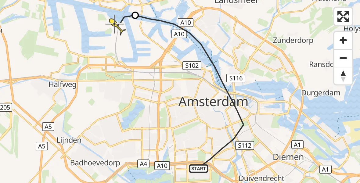 Routekaart van de vlucht: Lifeliner 1 naar Amsterdam Heliport