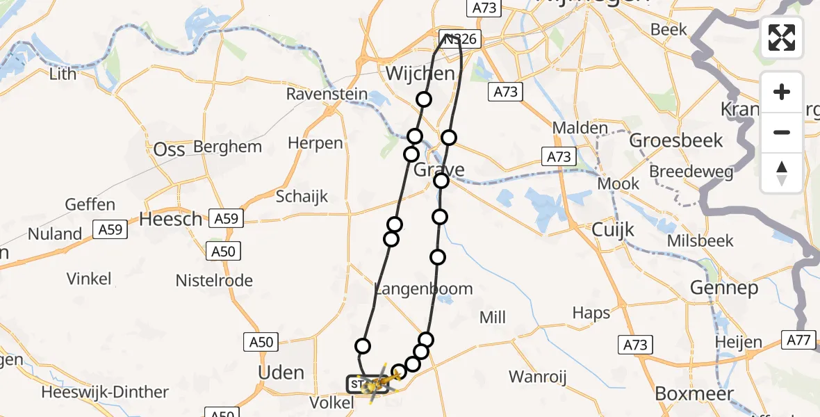Vluchtroute Traumahelikopter Vliegbasis Volkel - Vliegbasis Volkel, 09 februari 2023, 16:16