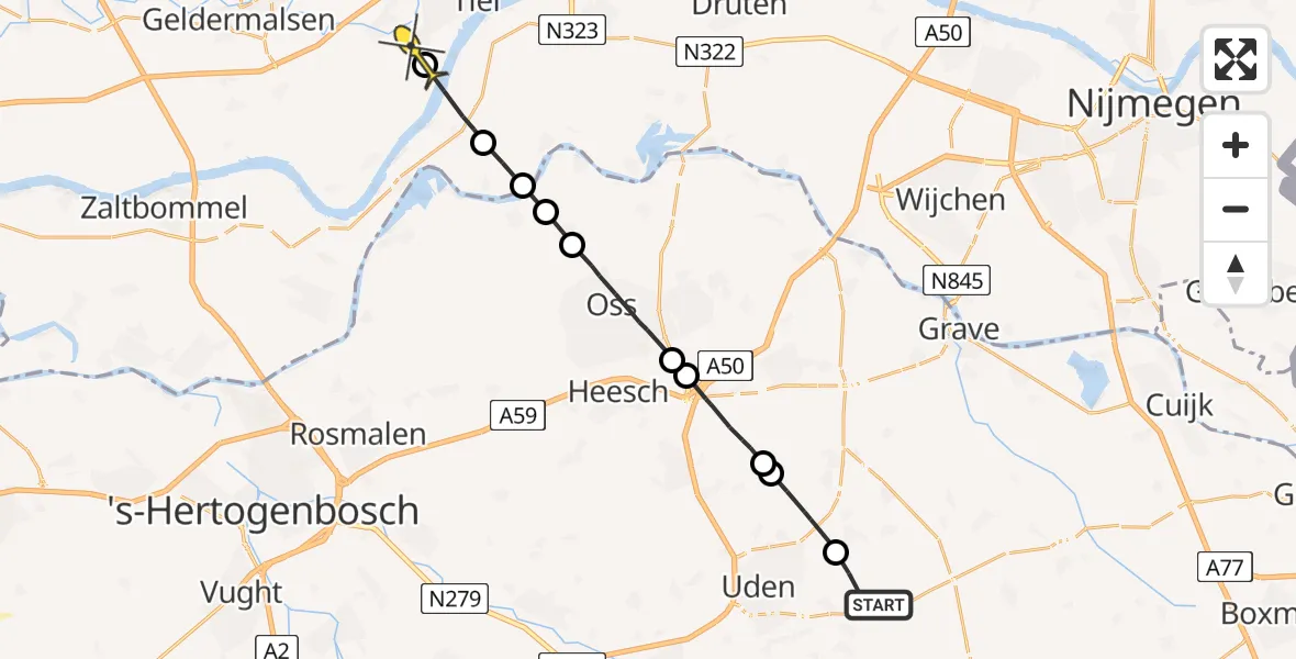 Routekaart van de vlucht: Politiehelikopter naar Tiel