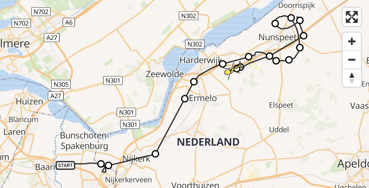 Routekaart van de vlucht: Politiehelikopter naar Harderwijk