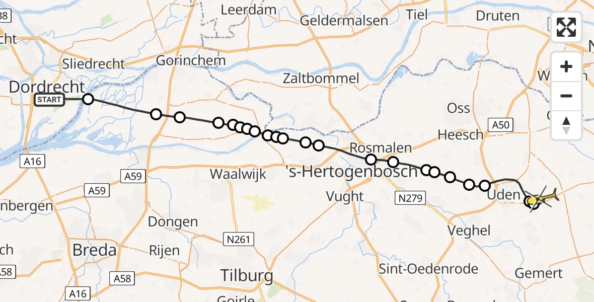 Routekaart van de vlucht: Lifeliner 3 naar Vliegbasis Volkel