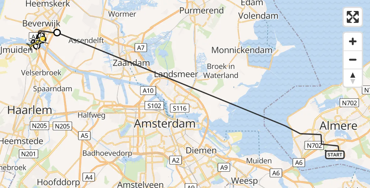 Routekaart van de vlucht: Politiehelikopter naar Velsen-Noord