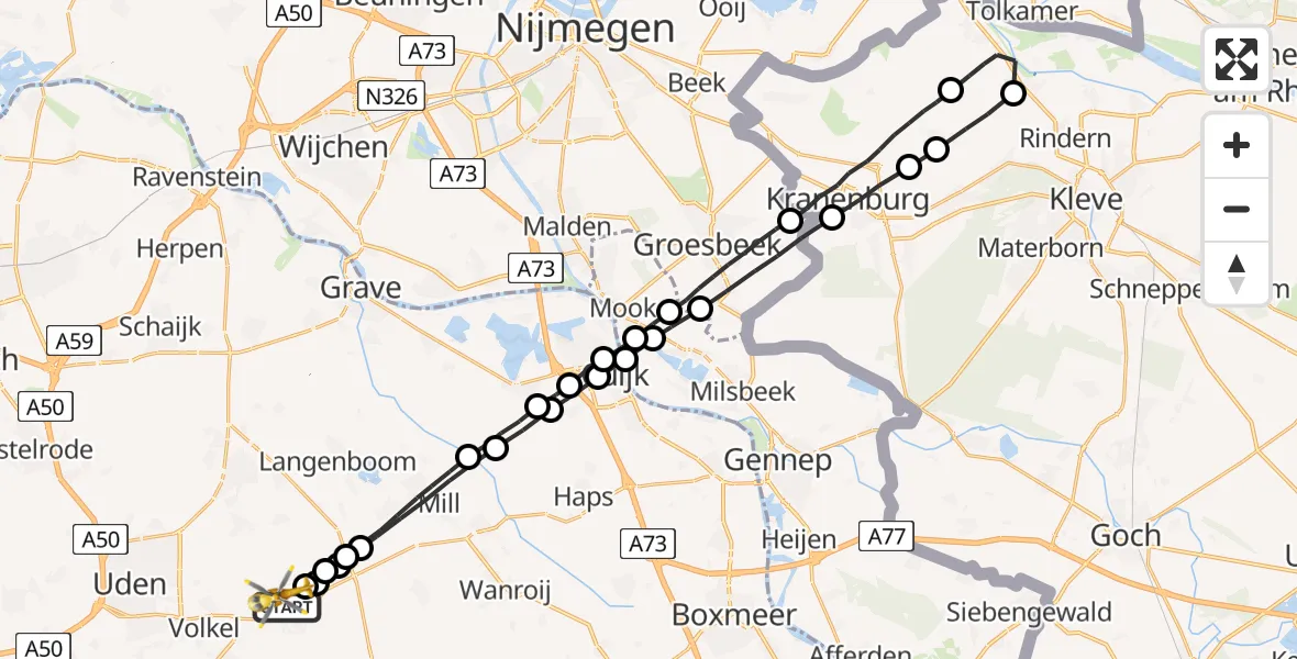 Vluchtroute Traumahelikopter Vliegbasis Volkel - Vliegbasis Volkel, 10 februari 2023, 18:05