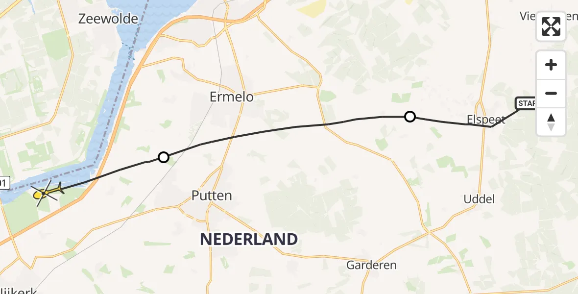 Routekaart van de vlucht: Politiehelikopter naar Putten