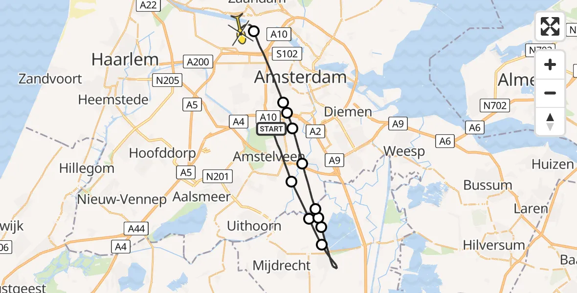 Routekaart van de vlucht: Lifeliner 1 naar Amsterdam Heliport