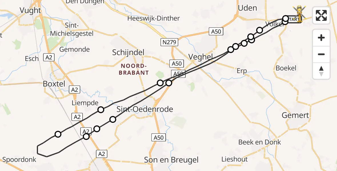 Vluchtroute Traumahelikopter Vliegbasis Volkel - Vliegbasis Volkel, 10 februari 2023, 22:46
