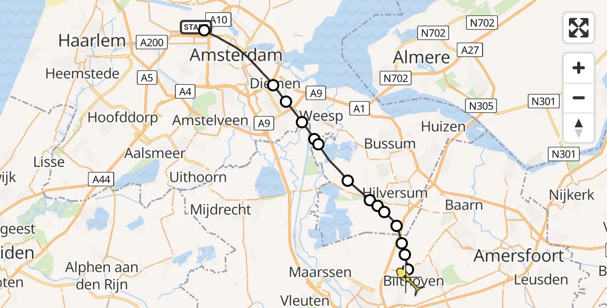 Routekaart van de vlucht: Lifeliner 1 naar Bilthoven