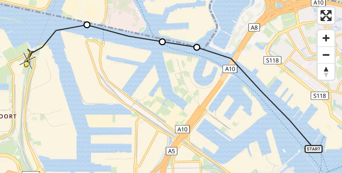 Routekaart van de vlucht: Lifeliner 1 naar Amsterdam Heliport