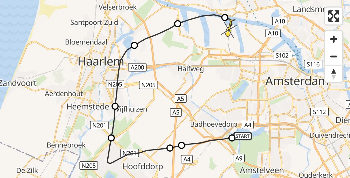 Routekaart van de vlucht: Lifeliner 1 naar Amsterdam Heliport