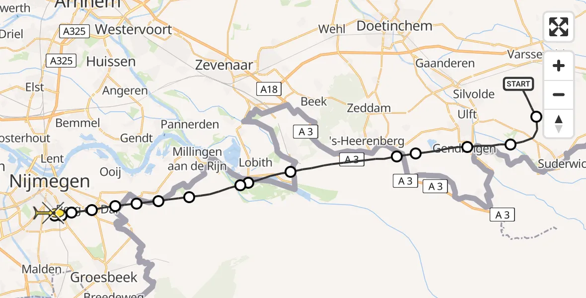 Routekaart van de vlucht: Lifeliner 3 naar Radboud Universitair Medisch Centrum