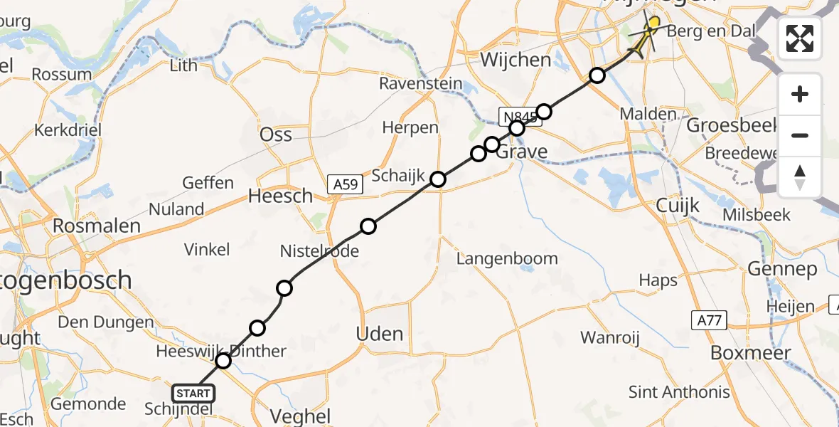 Routekaart van de vlucht: Lifeliner 2 naar Radboud Universitair Medisch Centrum