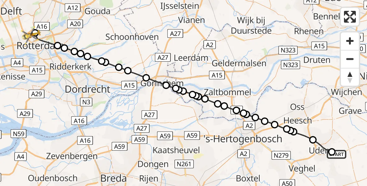 Vluchtroute Traumahelikopter Vliegbasis Volkel - Rotterdam The Hague Airport, 12 februari 2023, 13:34