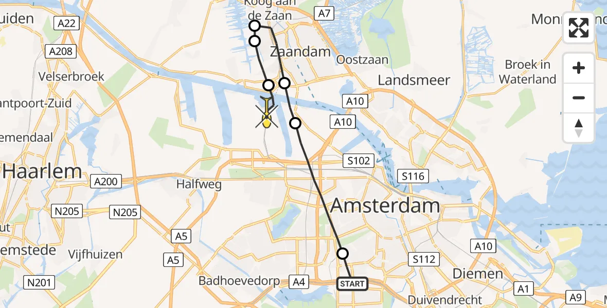 Routekaart van de vlucht: Lifeliner 1 naar Amsterdam Heliport