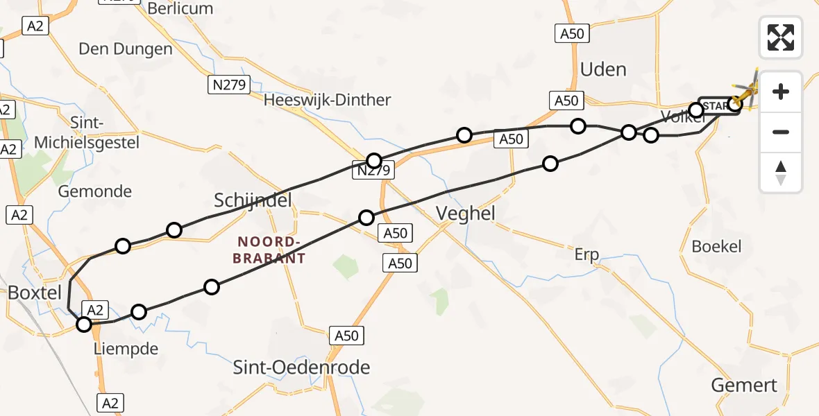 Vluchtroute Traumahelikopter Vliegbasis Volkel - Vliegbasis Volkel, 13 februari 2023, 07:45