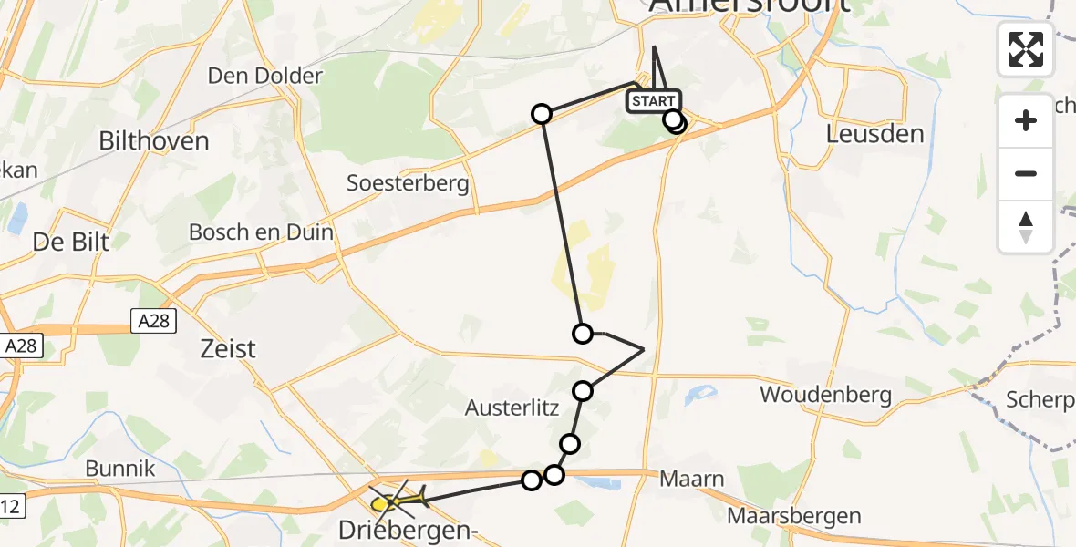 Routekaart van de vlucht: Politieheli naar Driebergen-Rijsenburg