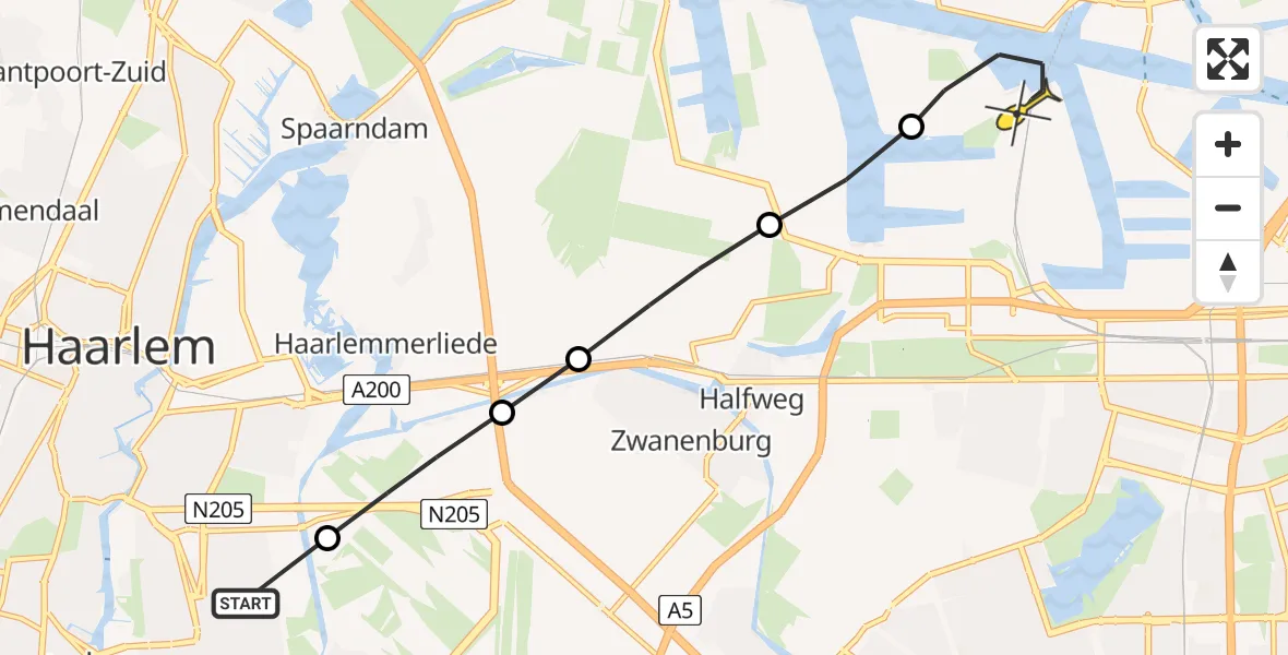 Routekaart van de vlucht: Lifeliner 1 naar Amsterdam Heliport