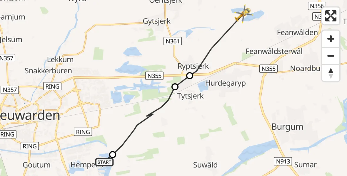Vluchtroute Ambulancehelikopter Leeuwarden - Feanwâlden, 14 februari 2023, 14:26