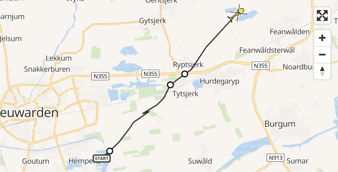 Routekaart van de vlucht: Ambulancehelikopter naar Feanwâlden