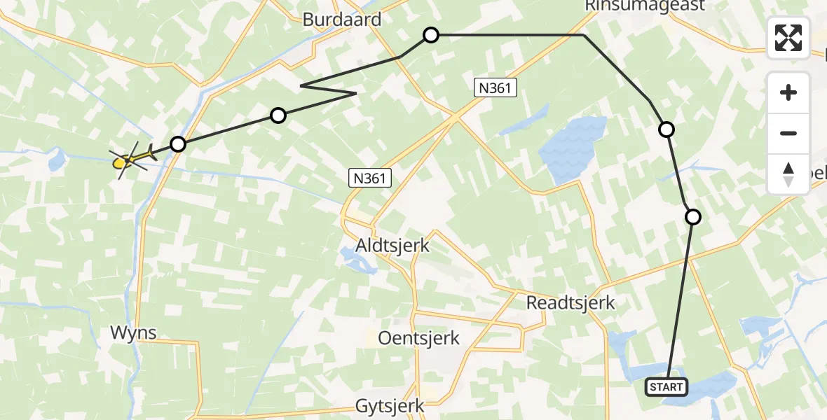 Routekaart van de vlucht: Ambulanceheli naar Wânswert