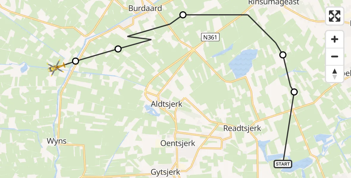 Vluchtroute Ambulancehelikopter Feanwâlden - Wânswert, 14 februari 2023, 14:30